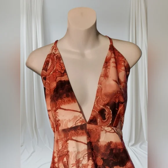 NWT PrettyLittleThing Pink Red Dragon Print Asymmetrical Halter Dress ~sz 8 - Picture 4 of 7